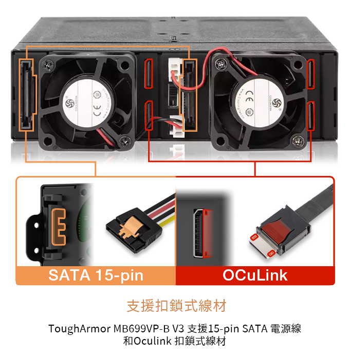 SATA 15-pin支援扣鎖式線材ToughArmor MB699VP-B V3 15-pin SATAOculink